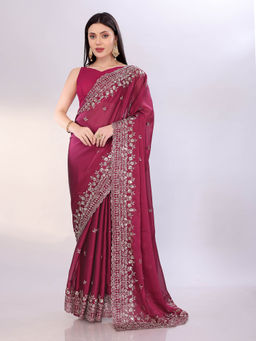 VAIRAGEE - Pink Chinon Silk Sequence pattern and Embroidery Saree With Unstitched Blouse
