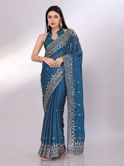VAIRAGEE - Blue Chinon Silk Sequence pattern and Embroidery Saree With Unstitched Blouse