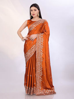 VAIRAGEE - Orange Chinon Silk Sequence pattern and Embroidery Saree With Unstitched Blouse
