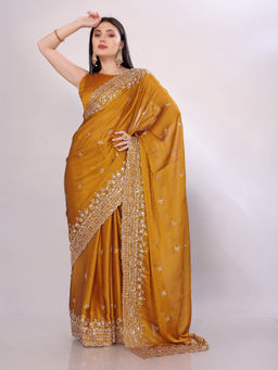 VAIRAGEE - Mustard Chinon Silk Sequence pattern and Embroidery Saree With Unstitched Blouse