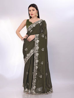 VAIRAGEE - Olive Chinon Silk Sequence pattern and Embroidery Saree With Unstitched Blouse
