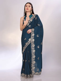 VAIRAGEE - Teal Chinon Silk Sequence pattern and Embroidery Saree With Unstitched Blouse