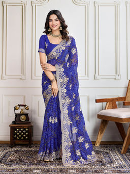 VAIRAGEE - Blue Georgette Bandhani Embroidery Saree With Unstitched Blouse