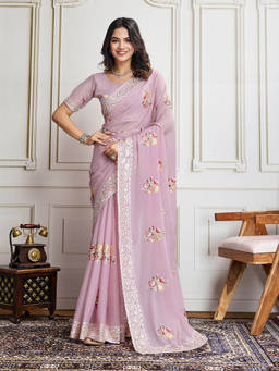 VAIRAGEE - Mauve Georgette Silk Embroidery Saree With Unstitched Blouse