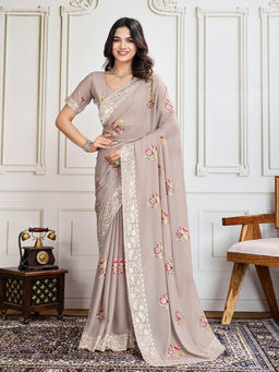 VAIRAGEE - Beige Georgette Silk Embroidery Saree With Unstitched Blouse