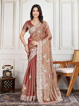 VAIRAGEE - Brown Crunchy Silk Embroidery Saree With Unstitched Blouse