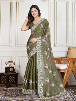 VAIRAGEE - Olive Crunchy Silk Embroidery Saree With Unstitched Blouse