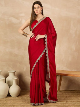 VAIRAGEE - Red Satin Lace Work Saree With Unstitched Blouse