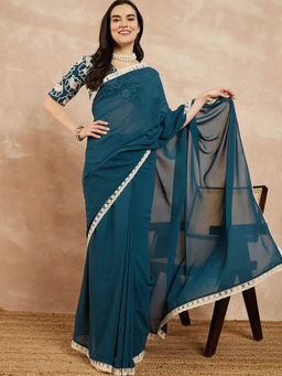 VAIRAGEE - Teal Georgette Lace Work Saree With Unstitched Blouse