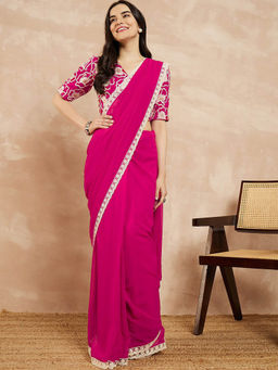 VAIRAGEE - Pink Georgette Lace Work Saree With Unstitched Blouse