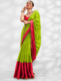 VAIRAGEE - Green Moss Chiffon Embroidery Saree With Unstitched Blouse