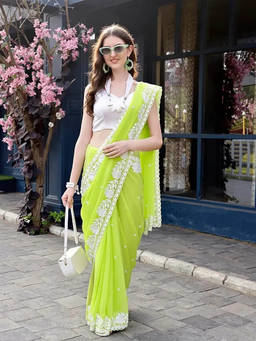 VAIRAGEE - Green Georgette Embroidery Saree With Unstitched Blouse