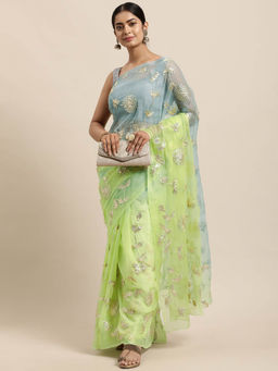 VAIRAGEE - Green organza Embroidery Saree With Unstitched Blouse