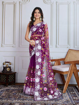 VAIRAGEE - Purple Soft Net Embroidery Saree With Unstitched Blouse