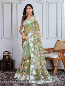 VAIRAGEE - Pista Soft Net Embroidery Saree With Unstitched Blouse