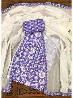 Palash - White and Blue Printed Unstitched Top & Bottom with Dupatta