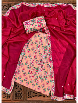 Palash - Peach and Maroon Printed Unstitched Top & Bottom with Dupatta