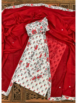 Palash - White and Red Printed Unstitched Top & Bottom with Dupatta