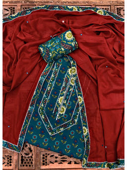 Palash - Blue and Maroon Hand Block Printed Cotton Unstitched Top & Bottom with Dupatta