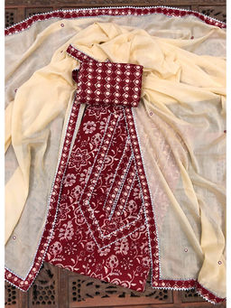 Palash - Maroon and Peach Printed Unstitched Top & Bottom with Dupatta