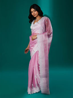 Teejh - Geetanjali Onion Pink Shimmer Tissue Saree with Unstitched Blouse