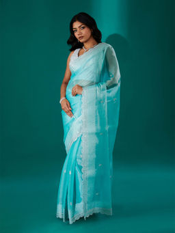 Teejh - Geetanjali Blue Shimmer Tissue Saree with Unstitched Blouse