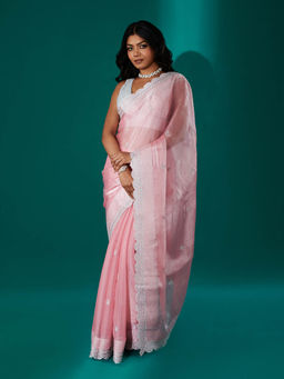 Teejh - Geetanjali Pink Shimmer Tissue Saree with Unstitched Blouse