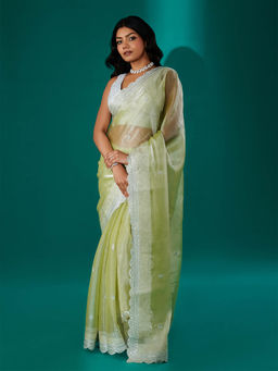 Teejh - Geetanjali Green Shimmer Tissue Saree with Unstitched Blouse