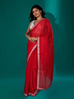 Teejh - Harichandana Red Tissue Saree with Unstitched Blouse
