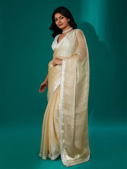 Teejh - Harichandana Beige Tissue Saree with Unstitched Blouse