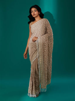 Teejh - Kamla Beige Georgette Saree with Unstitched Blouse