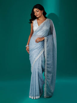 Teejh - Saheeba Blue Chiffon Saree with Unstitched Blouse