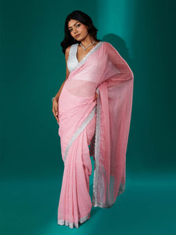 Teejh - Saheeba Pink Chiffon Saree with Unstitched Blouse