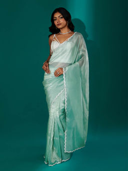 Teejh - Kaanch Sky Blue Shimmer Tissue Saree with Unstitched Blouse