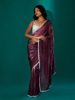 Teejh - Kaanch Burgundy Shimmer Tissue Saree with Unstitched Blouse