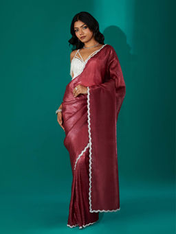 Teejh - Kaanch Brick Red Shimmer Tissue Saree with Unstitched Blouse