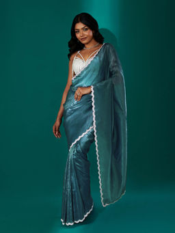 Teejh - Kaanch Teal Shimmer Tissue Saree with Unstitched Blouse