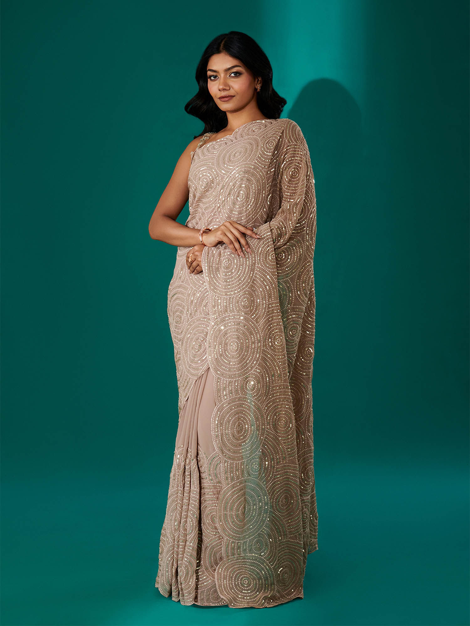 Chamkila Beige Georgette Saree with Unstitched Blouse-image-5