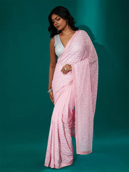 Teejh - Ujwal Baby Pink Georgette Saree with Unstitched Blouse