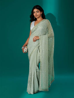 Teejh - Ujwal Sage Green Georgette Saree with Unstitched Blouse