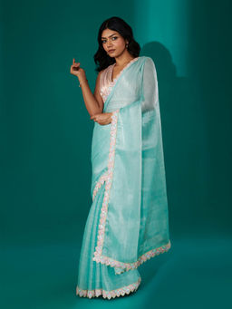 Teejh - Rangeen Sky Blue Shimmer Tissue Saree with Unstitched Blouse