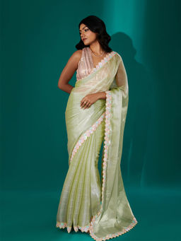 Teejh - Rangeen Green Shimmer Tissue Saree with Unstitched Blouse