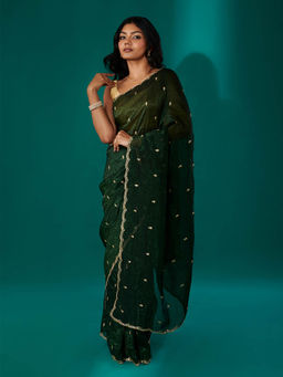 Teejh - Dilbar Sap Green Georgette Saree with Unstitched Blouse