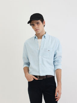 GANT - Men Blue Solid Button-Down Collar Short Sleeves Shirt