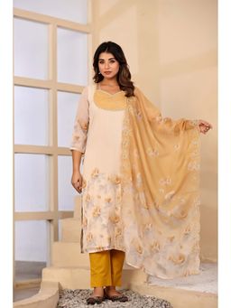 BAVARIA - Women's Beige Chiffon Kurta and Pant with Printed Dupatta
