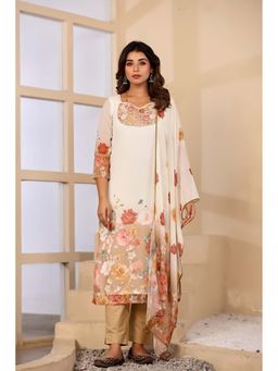 BAVARIA - Women's Beige Chiffon Kurta and Pant with Printed Dupatta