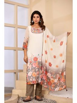 BAVARIA - Women's Olive Chiffon Kurta and Pant with Printed Dupatta