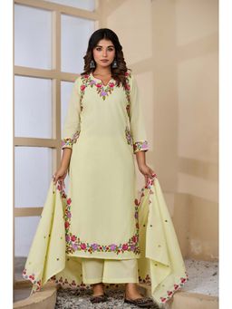 BAVARIA - Women's Light Yellow Pure Cotton Embroidered Kurta and Pant with Dupatta