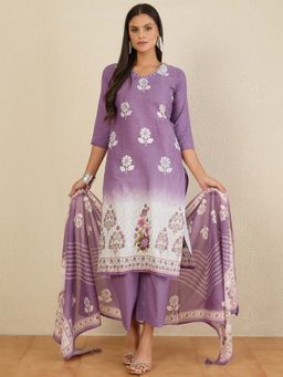 CHETI - Women Pure Cotton Digital Floral Printed Kurta and Pant with Dupatta - Purple
