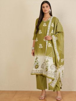 CHETI - Women Pure Cotton Digital Floral Printed Kurta and Pant with Dupatta - Olive
